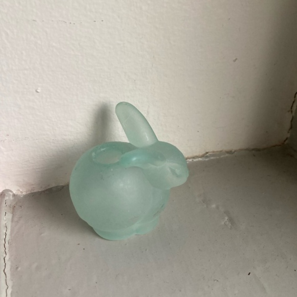 Satin Glass Bunny Rabbit Candle Holder Figurine Miniature Frosted Aqua Blue